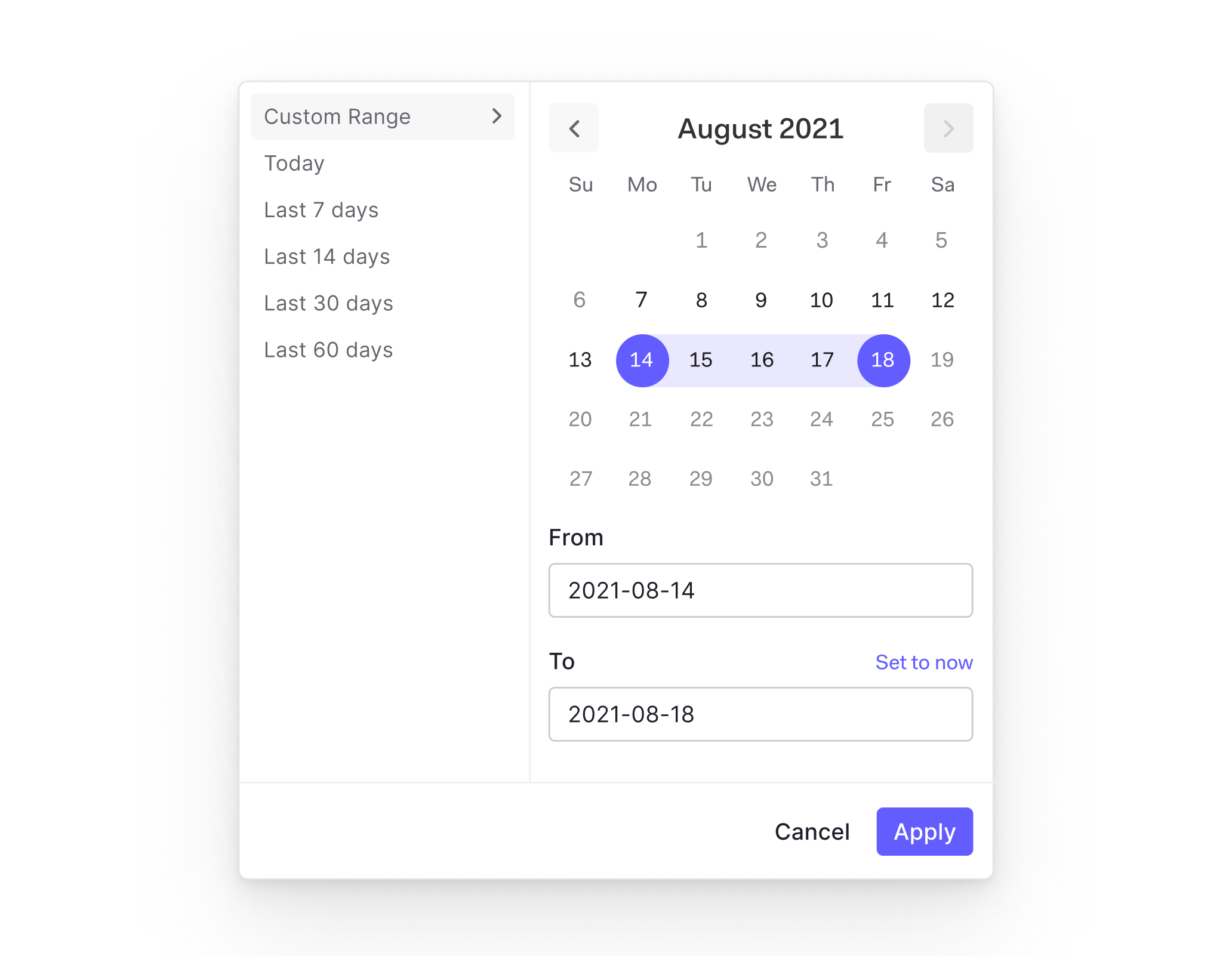 Example of Dashboard Activity page datepicker form