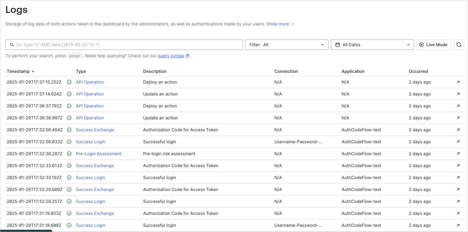 Screenshot of Tenant Log List in the Auth0 Dashboard, showing logs that are associated with Action execution.