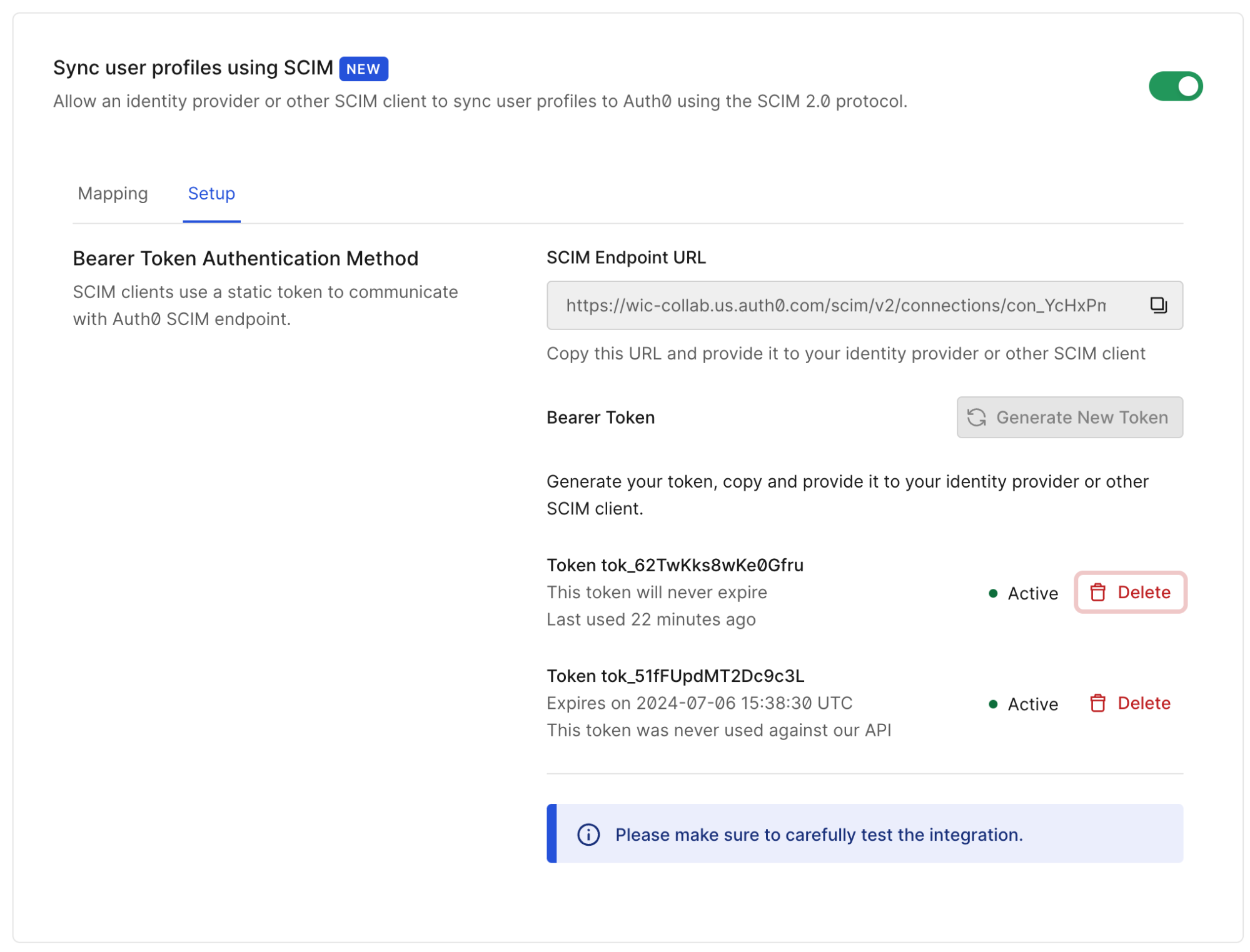 Dashboard screenshot of SCIM setup