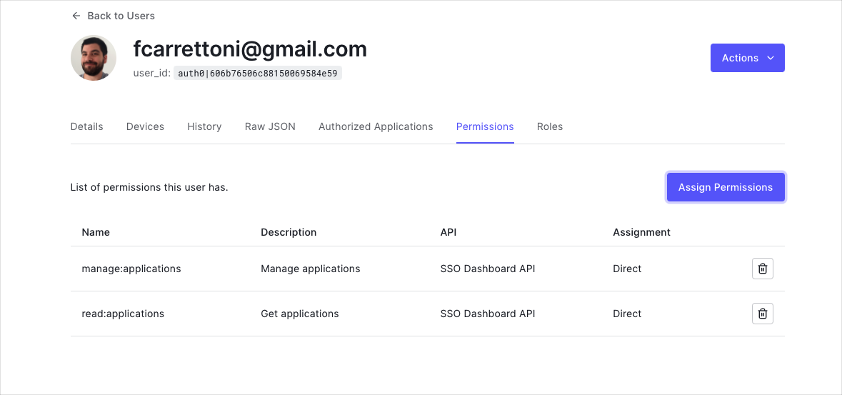 Auth0 Dashboard User Detail list of permissions assigned to this user