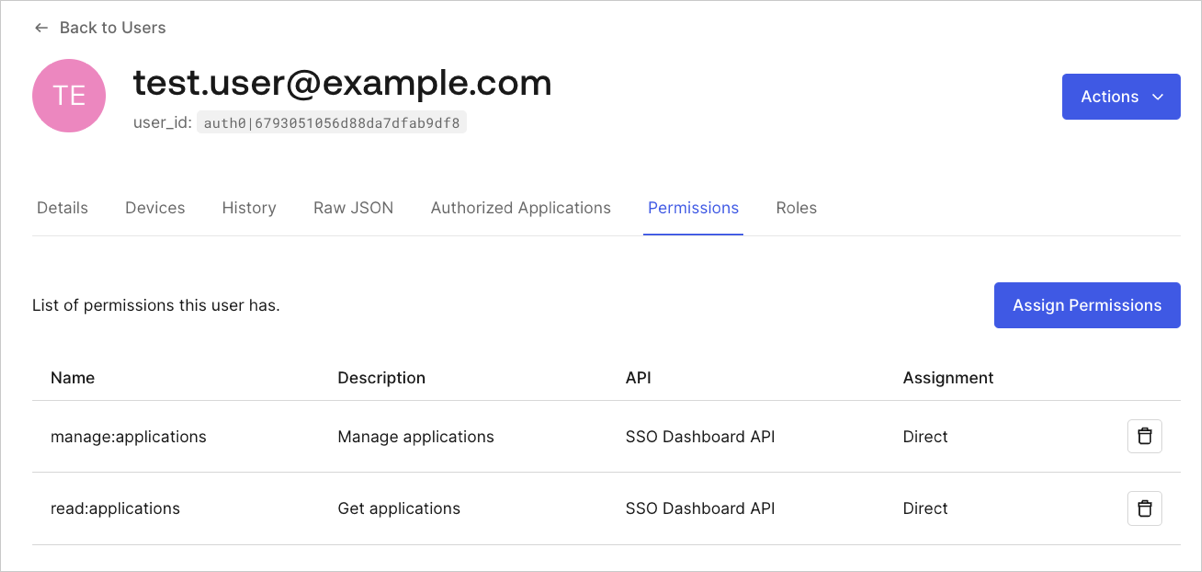 Auth0 Dashboard User Detail list of permissions assigned to this user