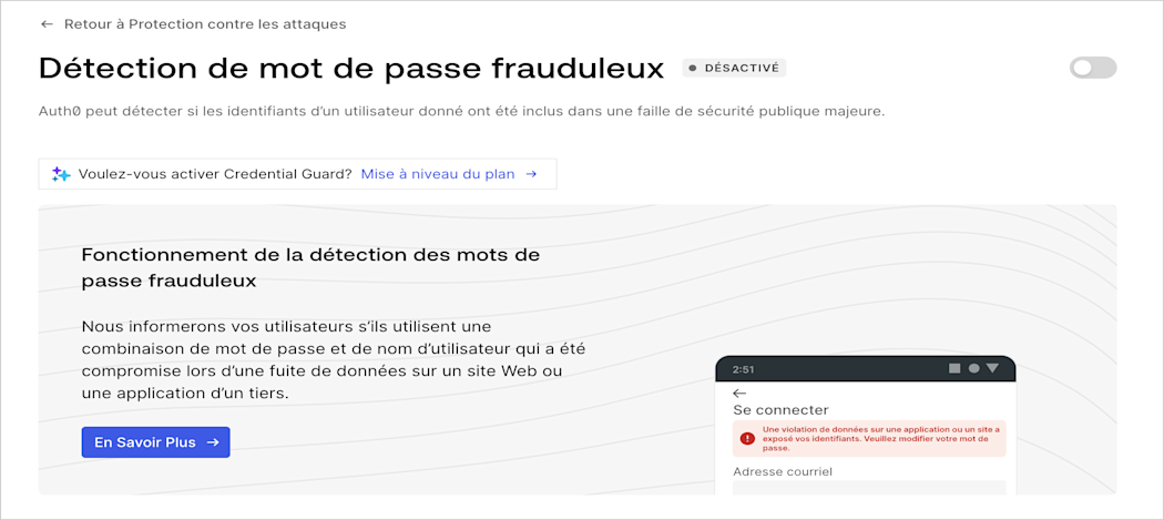 Configurer la détection de violation de mot de passe dans Auth0