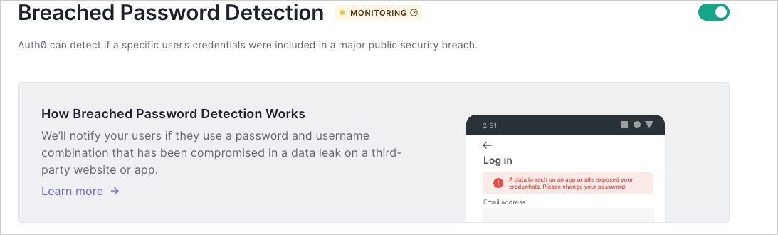 Configure breached password detection in Auth0