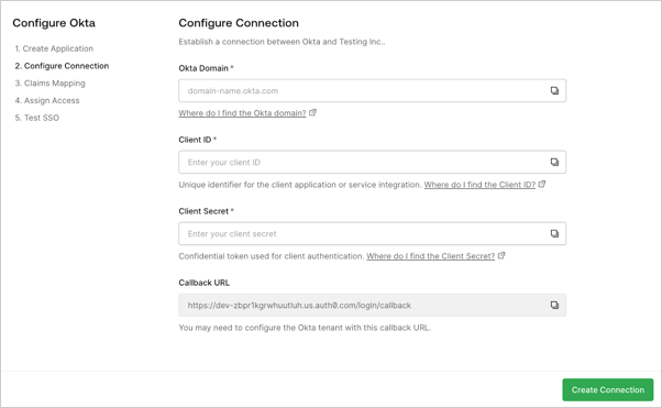 The third step of the self-service assistant that customer admins use to configure SSO. 