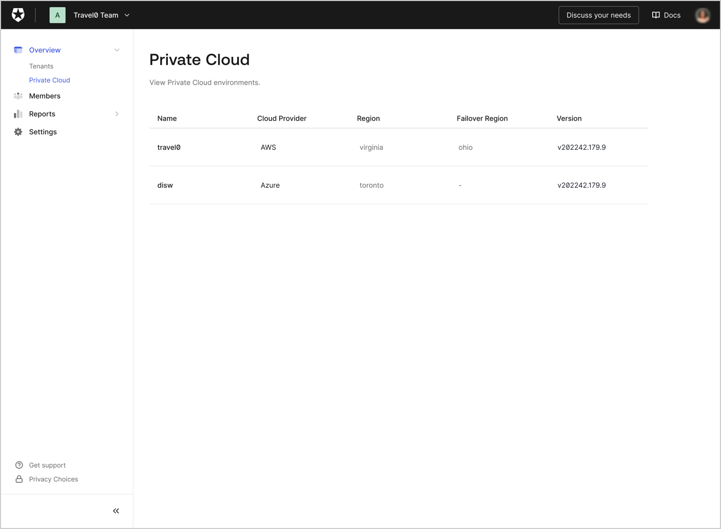 Environment List for Teams Private Cloud, Name, Cloud Provider, Region