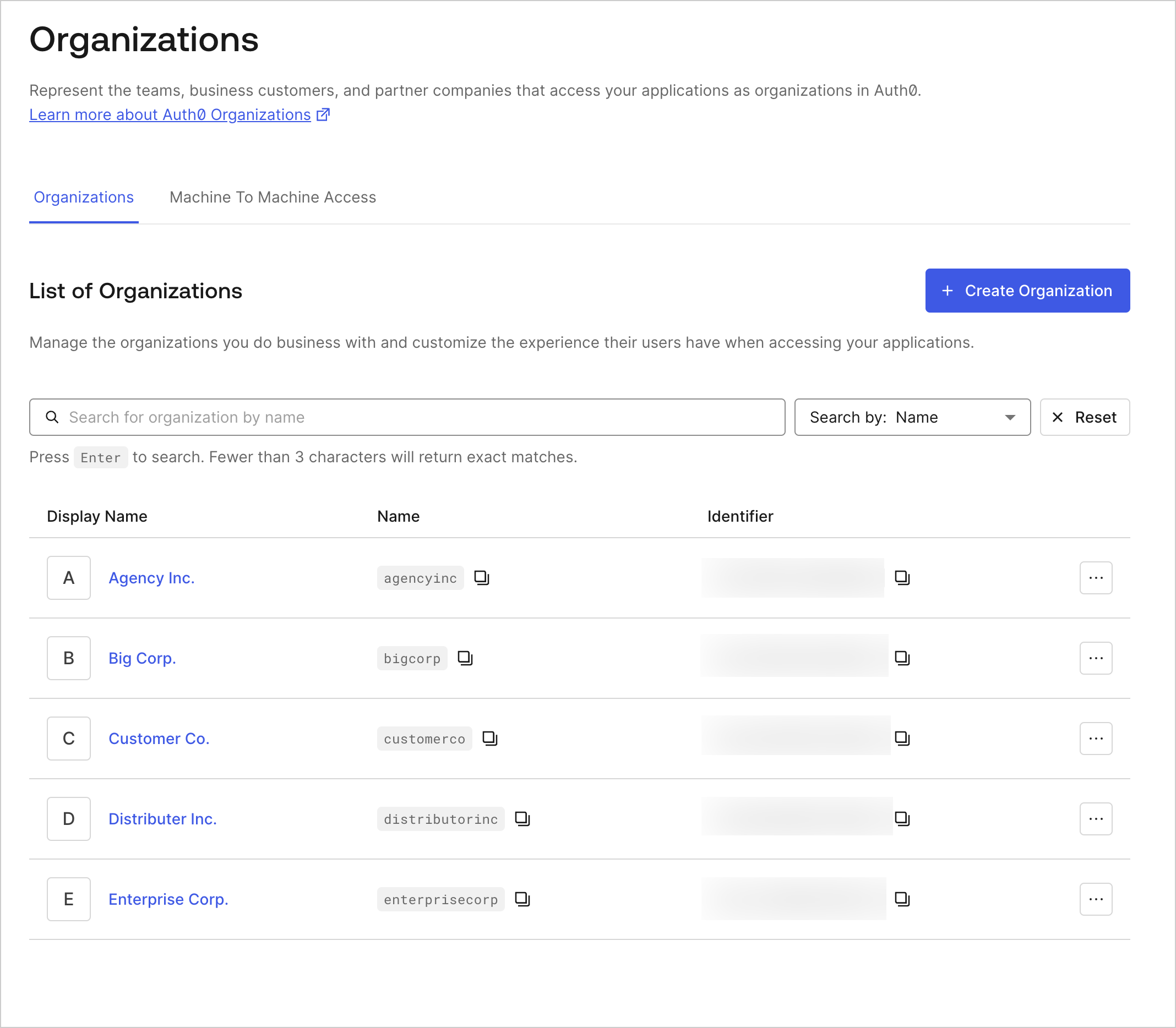 Auth0 Dashboard - Organizations - Search Bar 