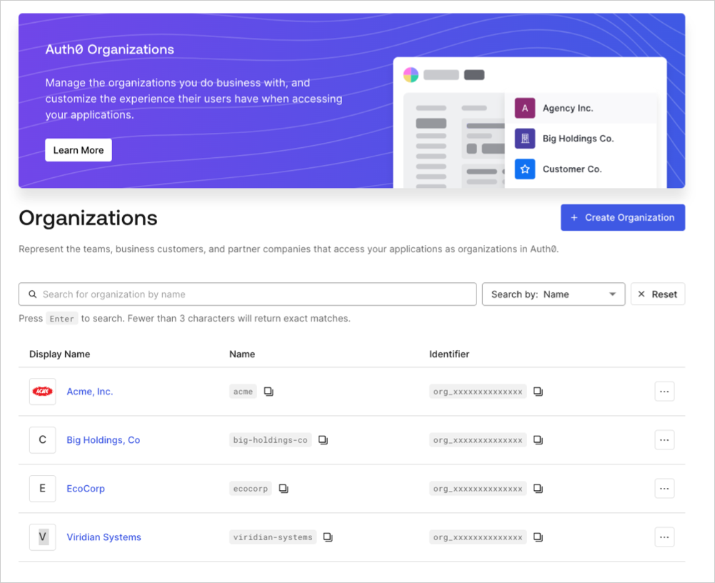 Auth0 Dashboard - Organizations - Search Bar 