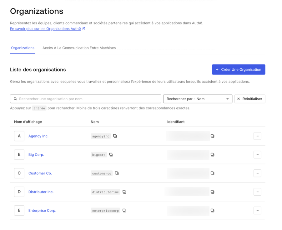 Auth0 Dashboard – Organization Search Options (Options de recherche d’organisations) – Name and Display Name (Nom et nom d’affichage)