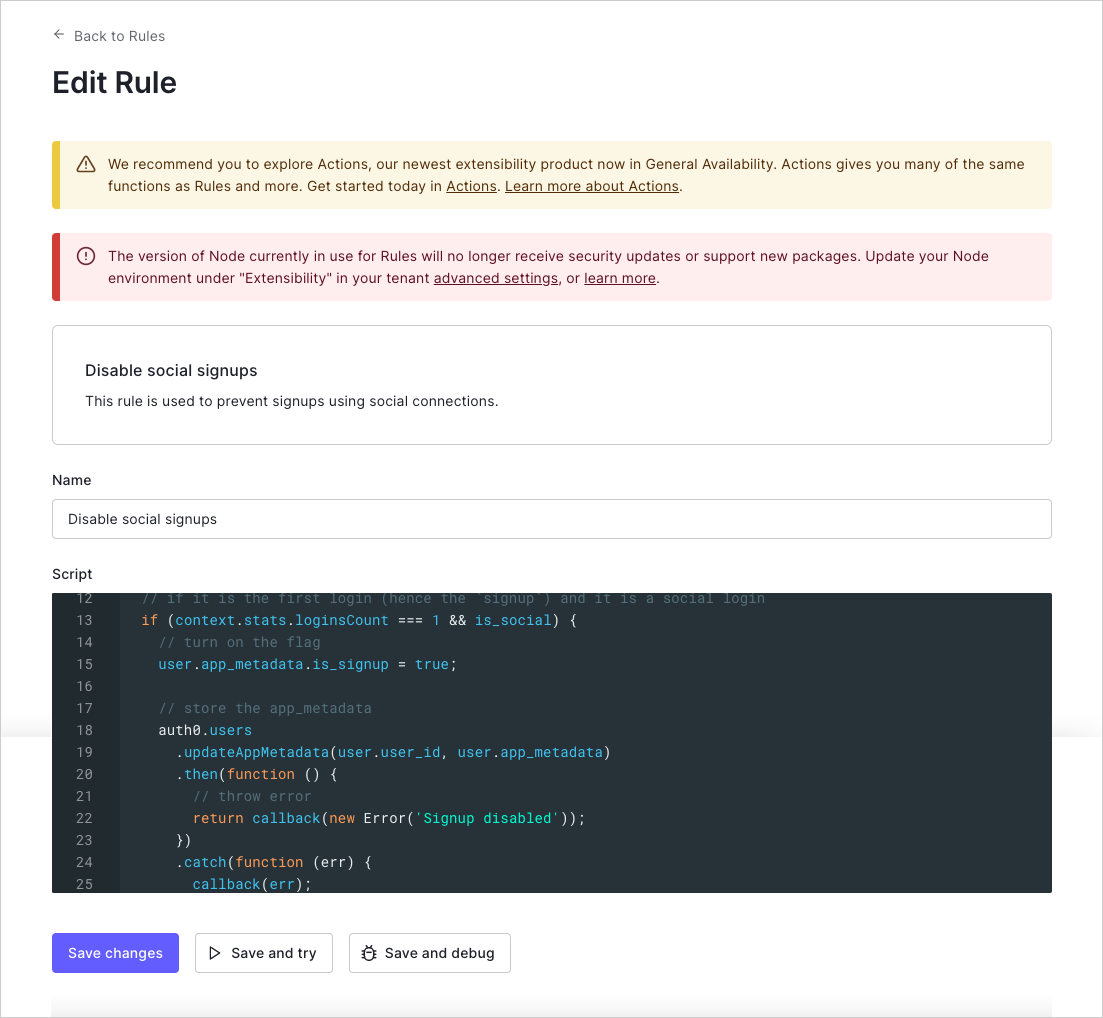 Dashboard - Auth Pipeline - Rules - Edit Rule