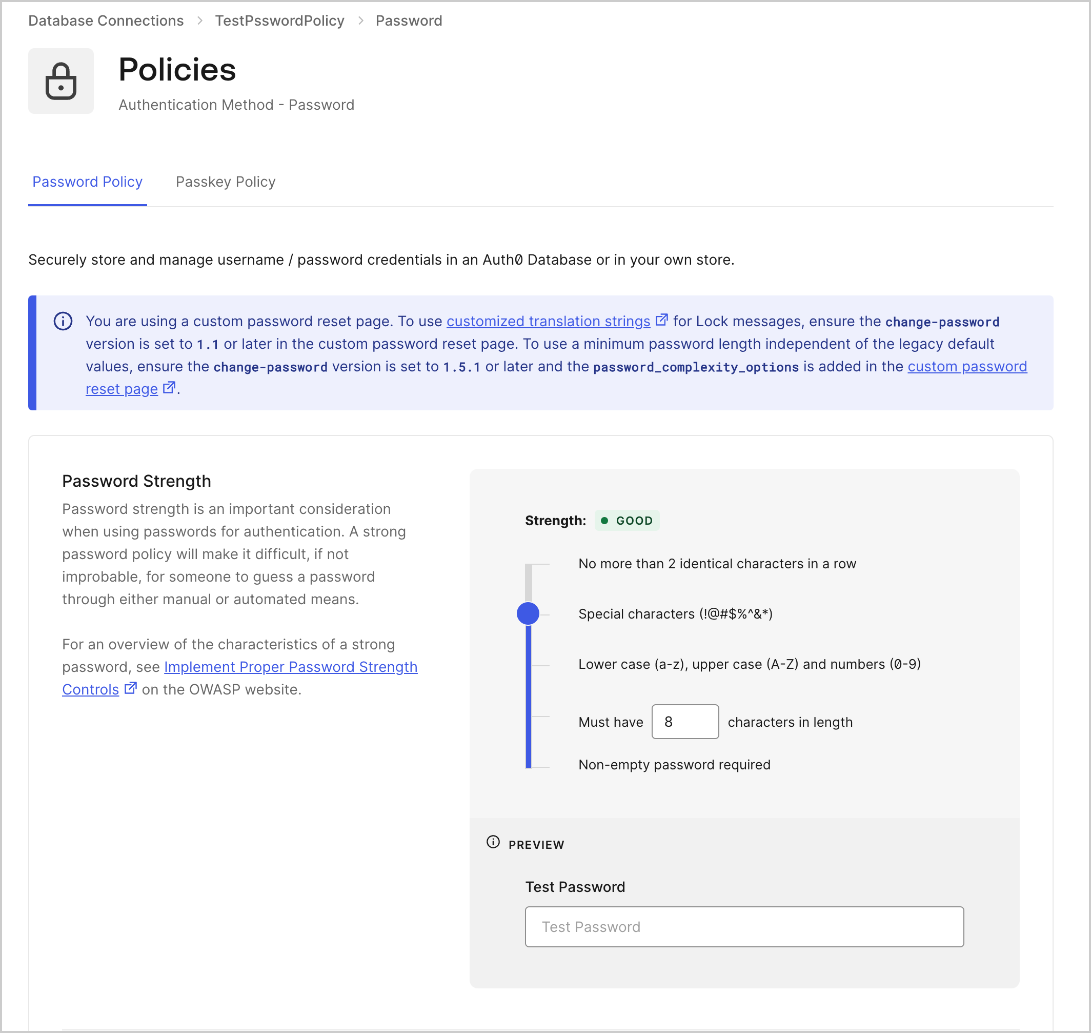 Auth0 Database Authentication - Password Policy - Password Strength