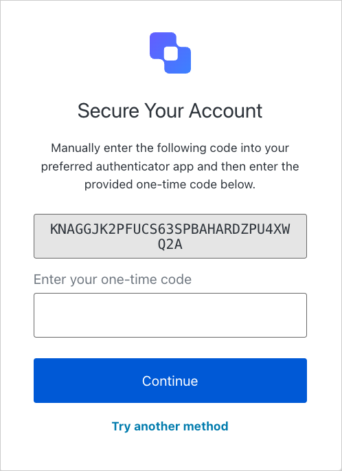 The temporary one-time password enrollment screen as displayed on a mobile device. 