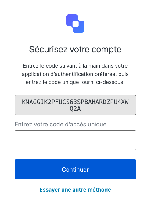 The temporary one-time password enrollment screen as displayed on a mobile device. 