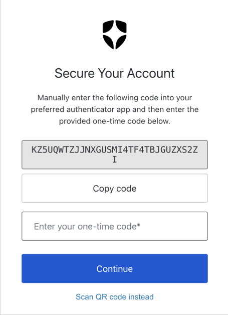 The temporary one-time password enrollment screen as displayed on a mobile device. 