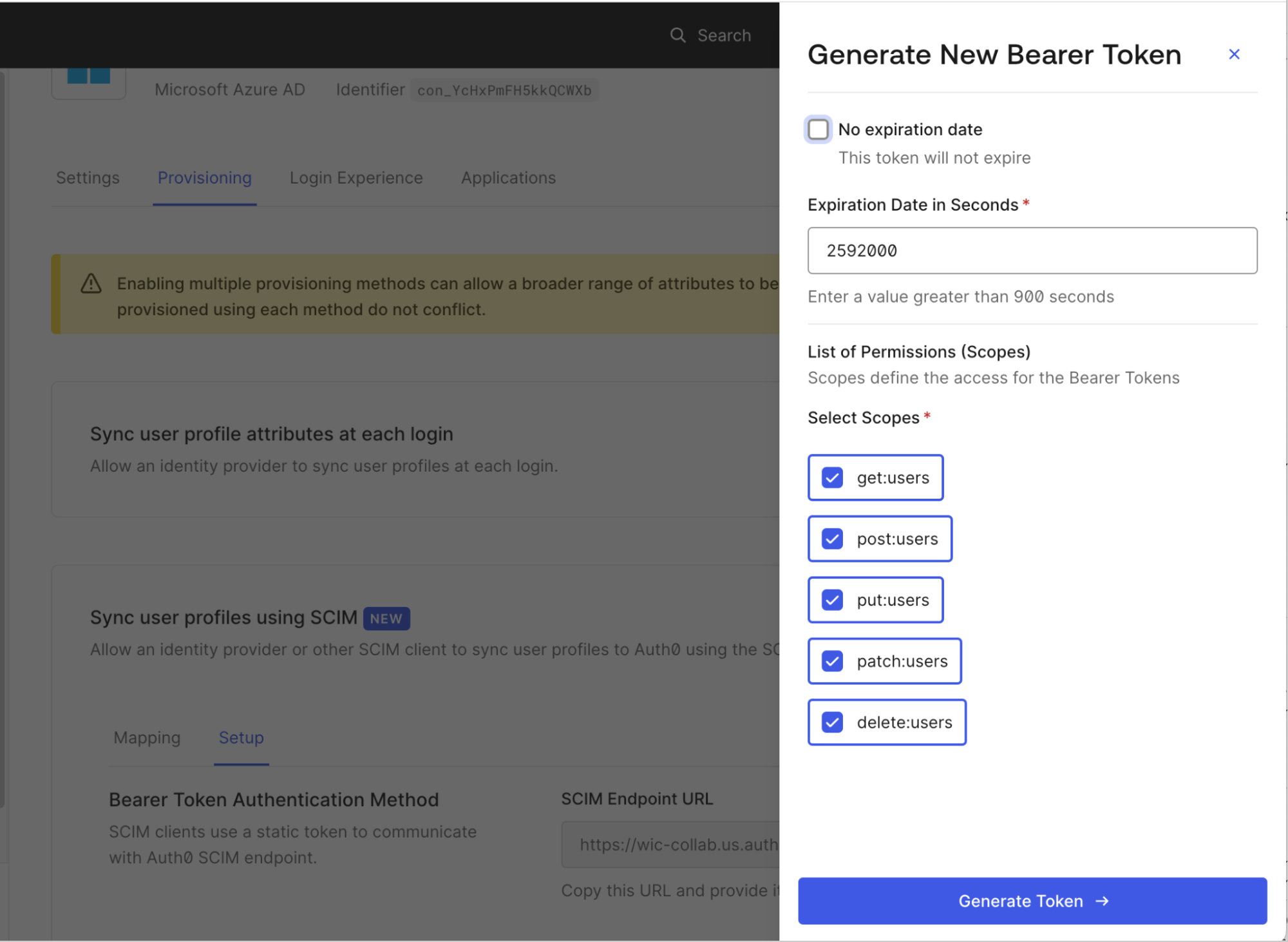 Dashboard screen for the SCIM token settings