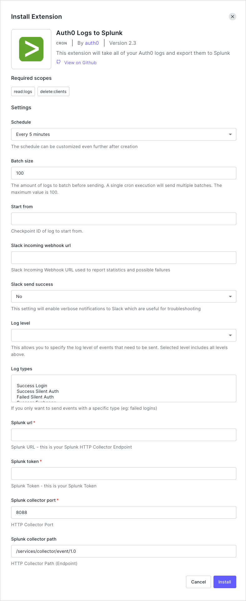 Dashboard - Extensions - Splunk - Extension Mgmt Splunk