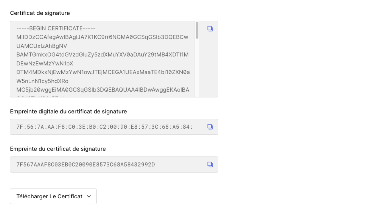 Dashboard Applications Paramètres avancés (Advanced Settings) onglet Certificate (Certificats)
