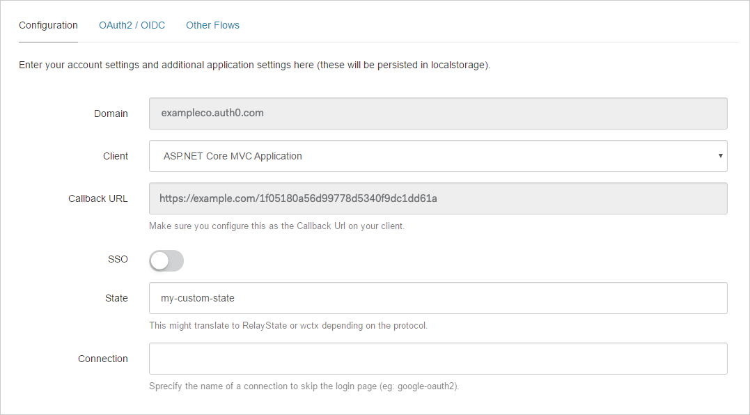 Dashboard - Extensions - Authentication API Debugger - Configuration