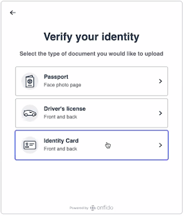 OnFido Verify Identity Selection Menu