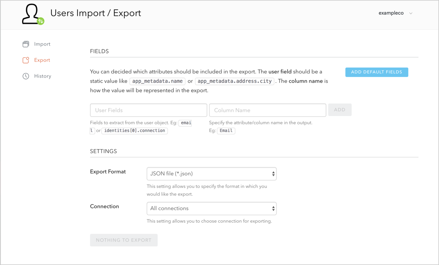 Dashboard Extensions Users Import Export Export Users page