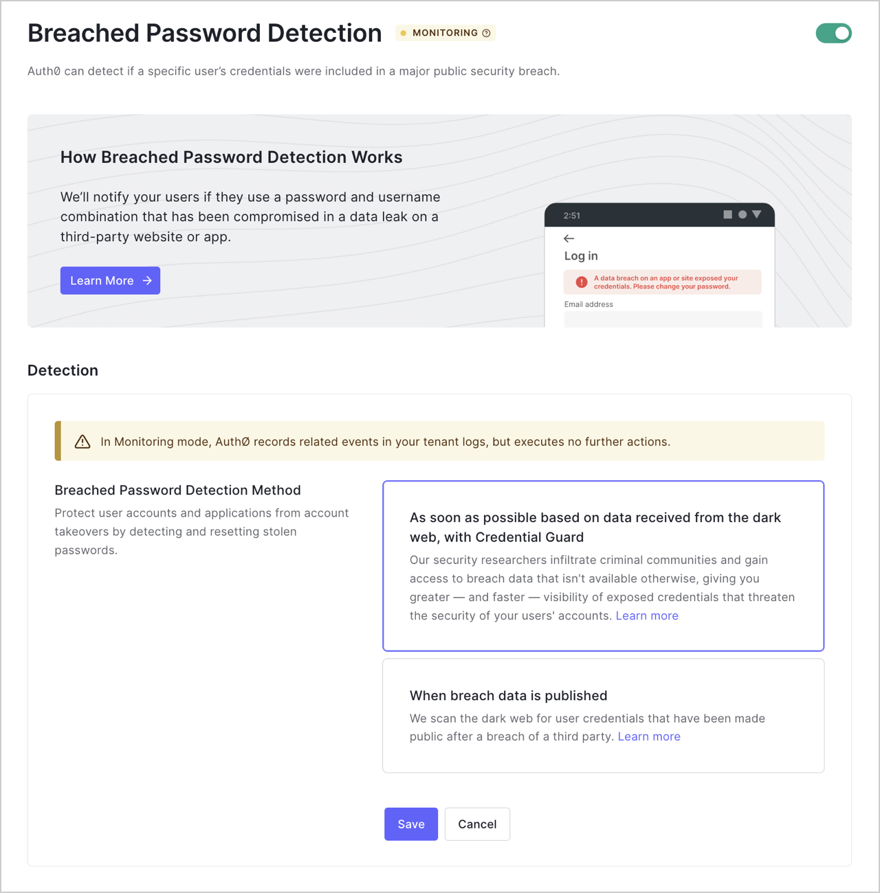 Dashboard > Security > Attack Protection > Breached Password > Detection