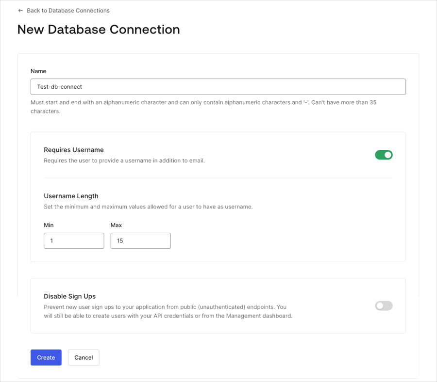 Auth0 Dashboard > Authenticate > Database > Create new database connection