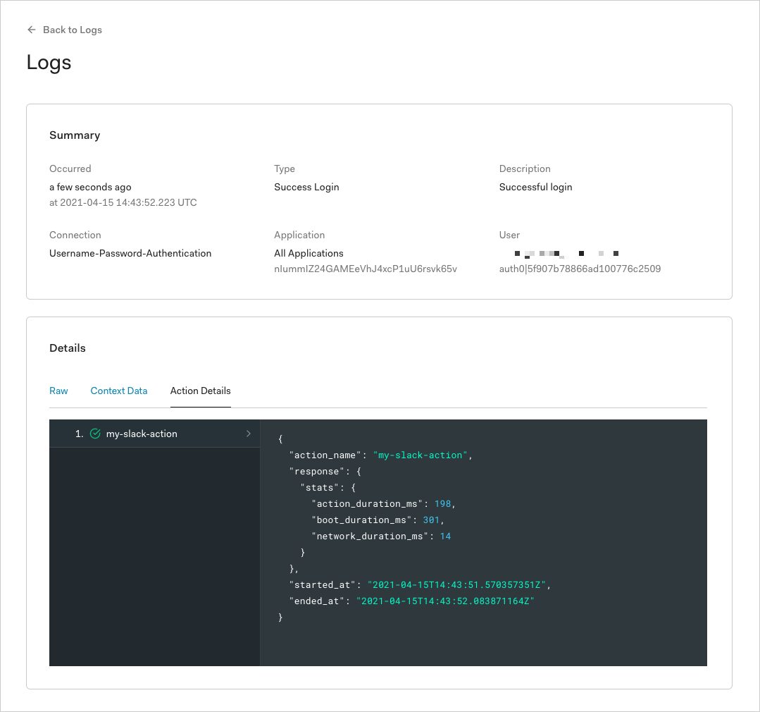 Tenant Logs: Action Details view