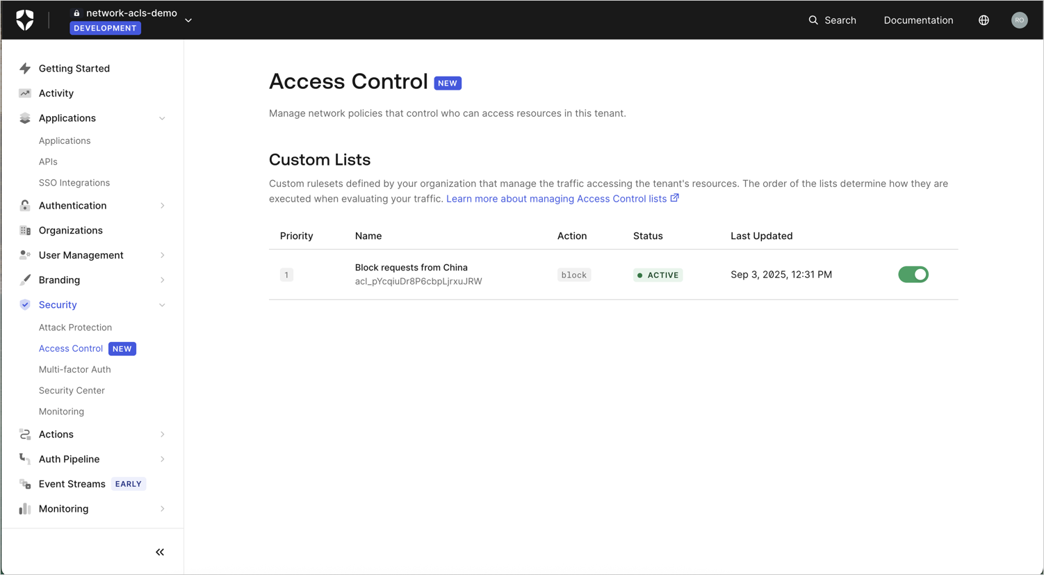 Auth0 Dashboard > Security > Access Control