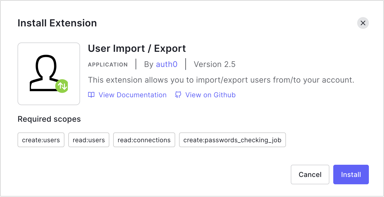 Dashboard Extensions Users Import/Export Install Extension