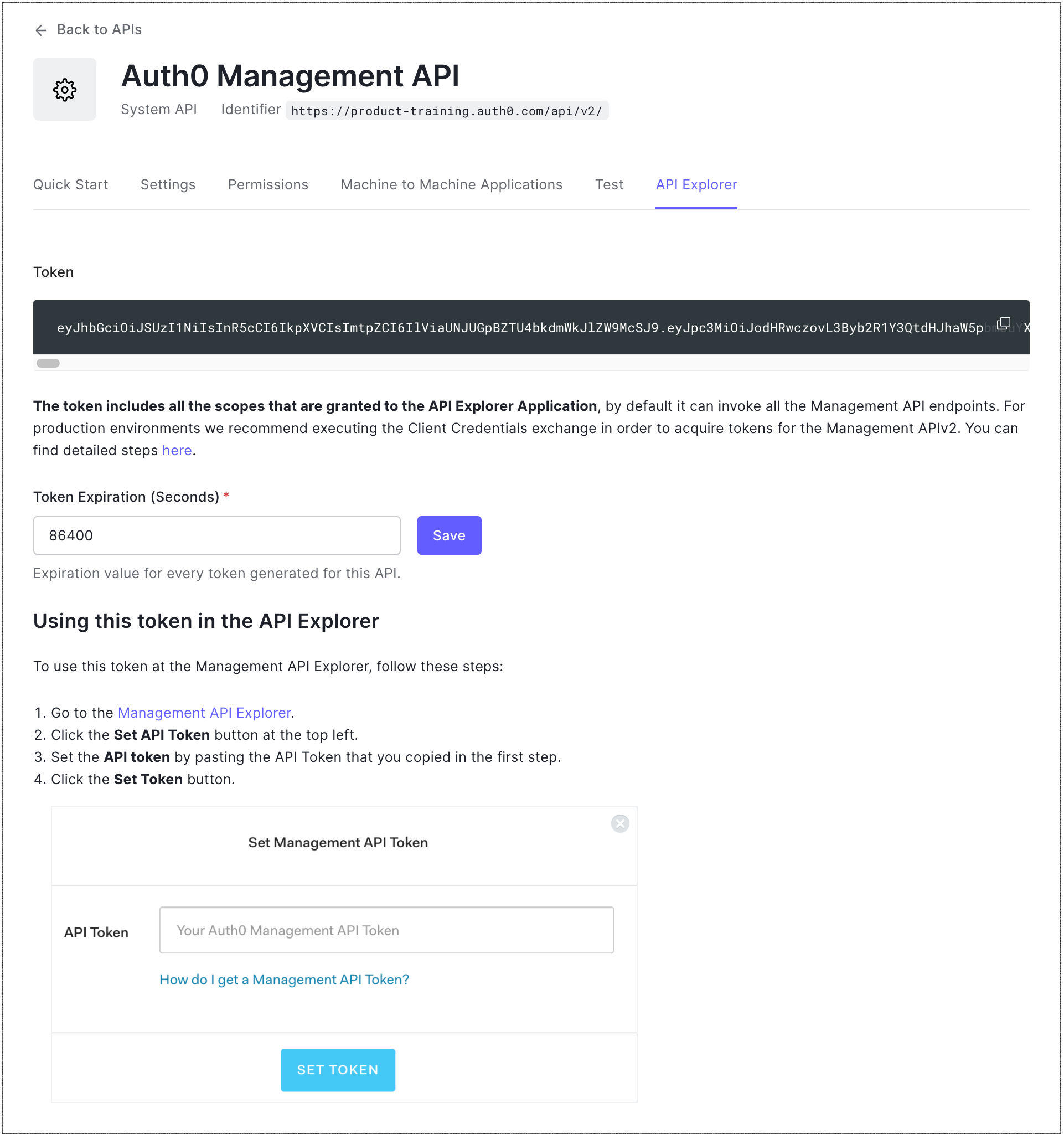 Dashboard Applications APIs Auth0 Management API Explorer Tab Authorize and Test