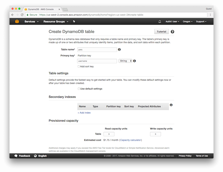 DynamoDB Console - Configure Newly Created Table