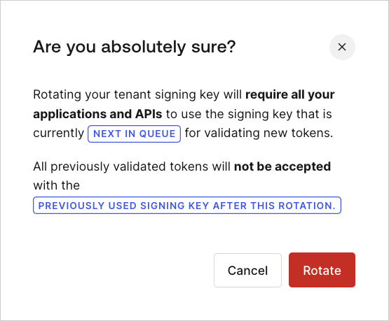 Dashboard Settings Signing Keys Tab Rotate Confirm