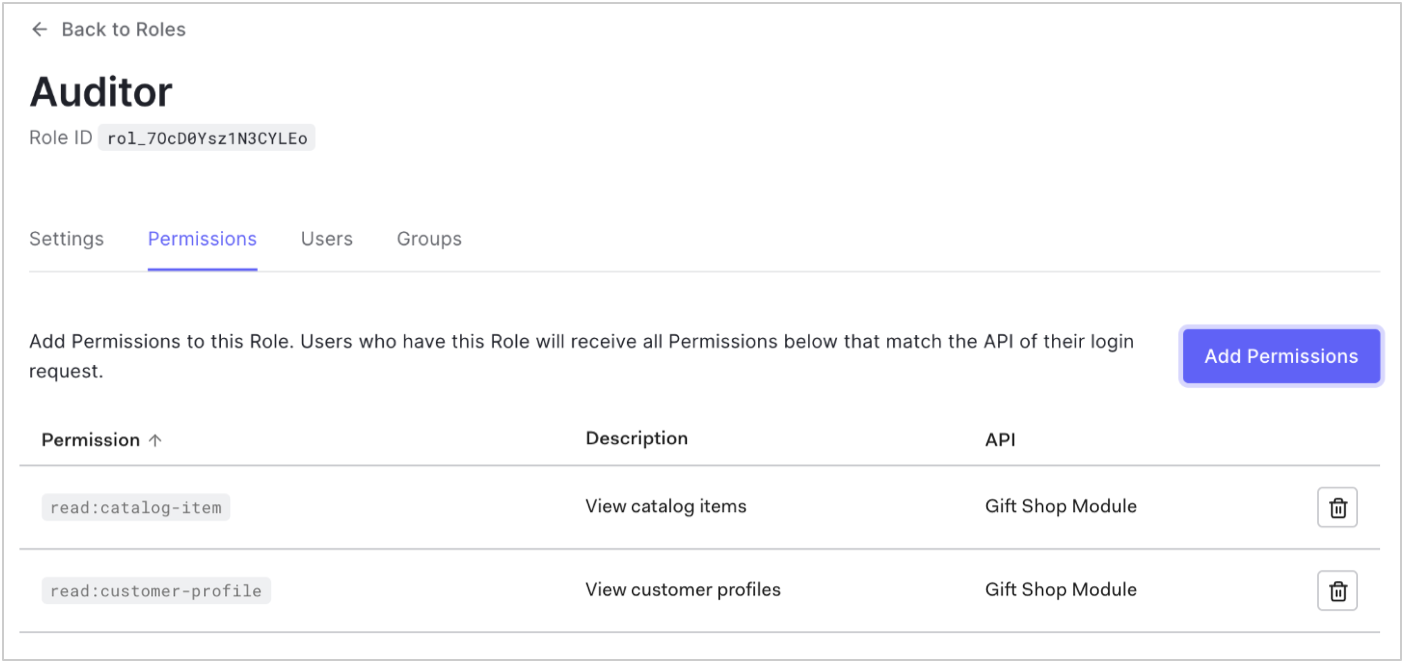 Auth0 Dashboard Role Details Permissions