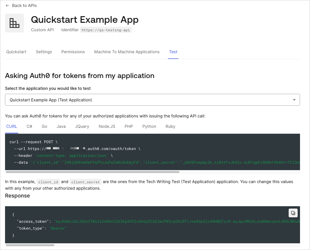 Auth0 Dashboard> Applications > API > [Specific API] > Test tab