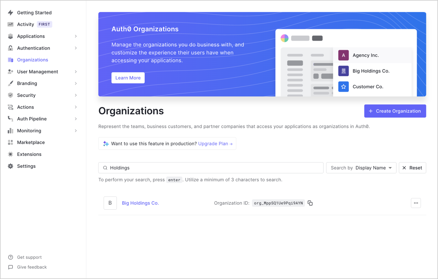 Auth0 Dashboard - Search Organizations