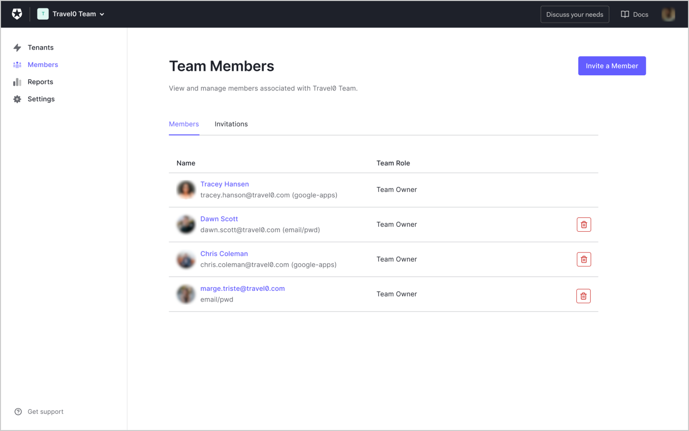 A view of Auth0 Team Members on the Teams Dashboard