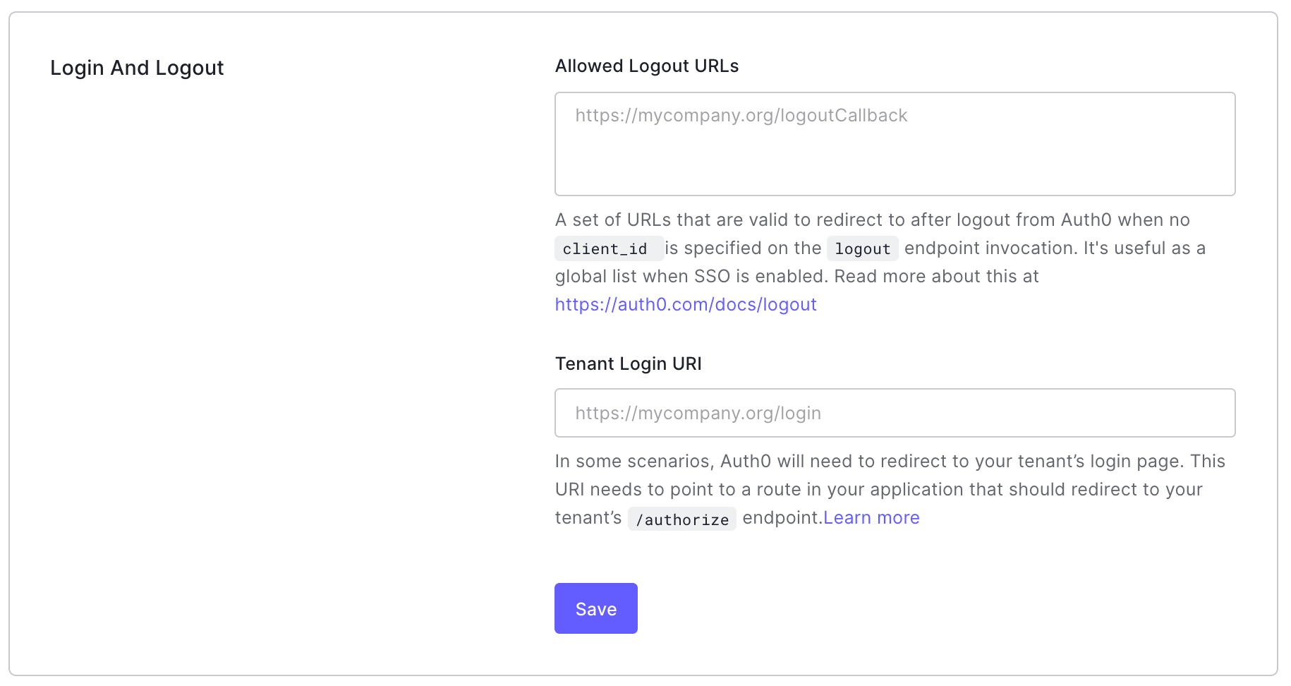 Auth0 Dashboard Settings Advanced Tab Login and Logout