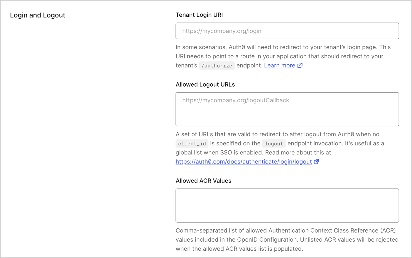 Auth0 Dashboard Settings Advanced Tab Login and Logout