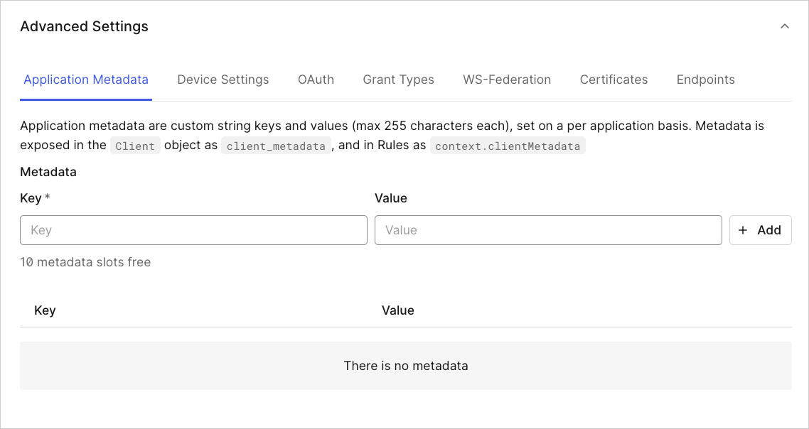 Dashboard Applications Applications Settings Tab Advanced Settings Application Metadata Tab