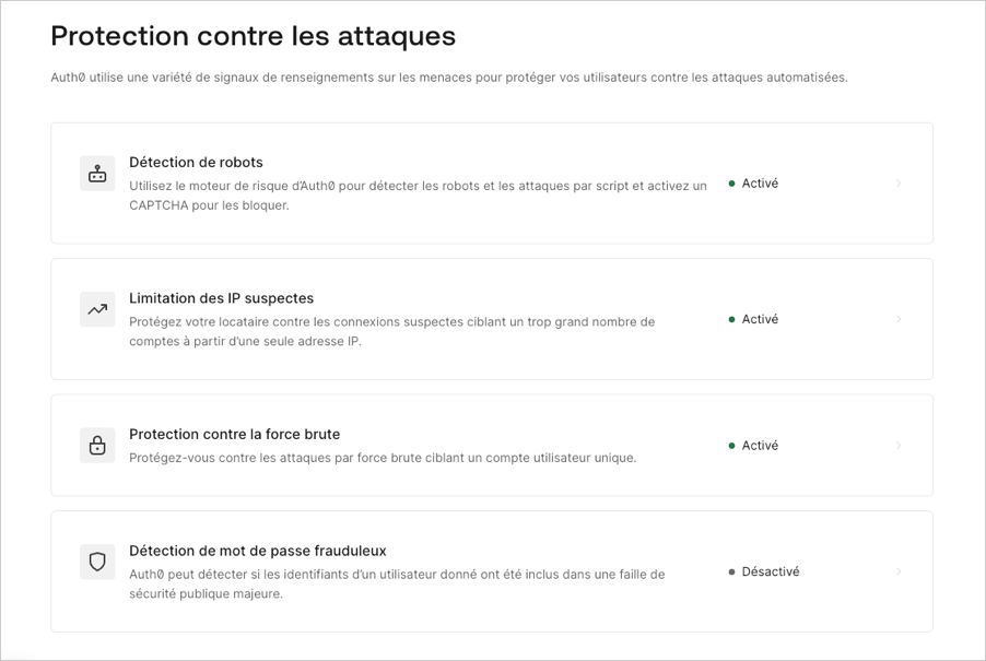 Dashboard (Tableau de bord) - Security (Sécurité) - Attack Protection page (Page de protection contre les attaques)