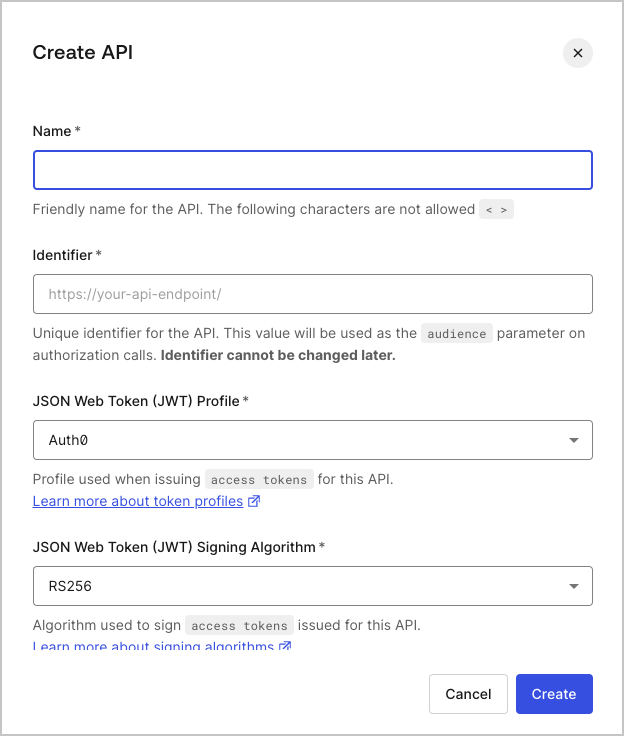 Dashboard Applications APIs Create API Screen