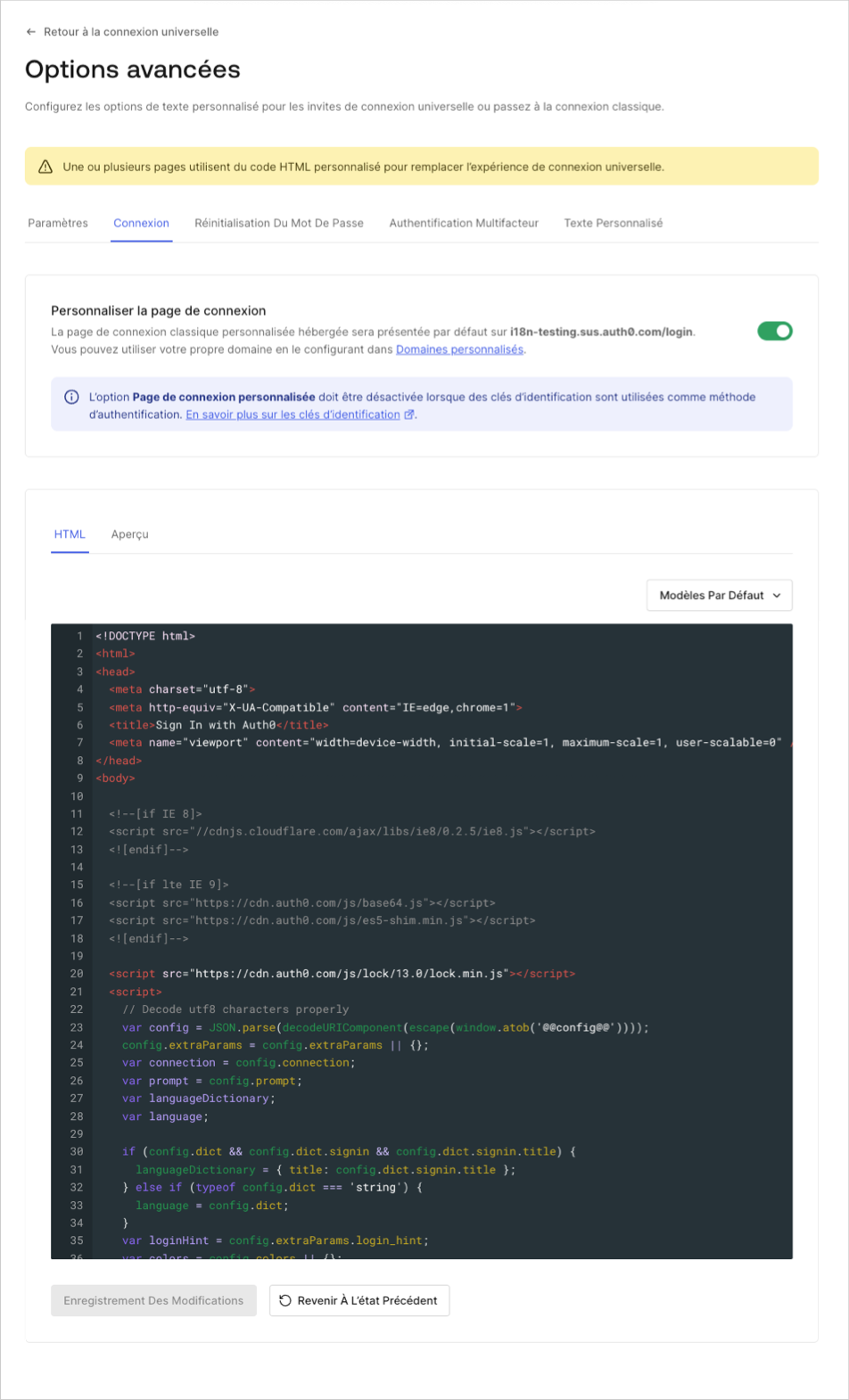 Dashboard - Marquage - Connexion universelle - Paramètre de connexion - Exemple de code de page hébergée avec lien de compte