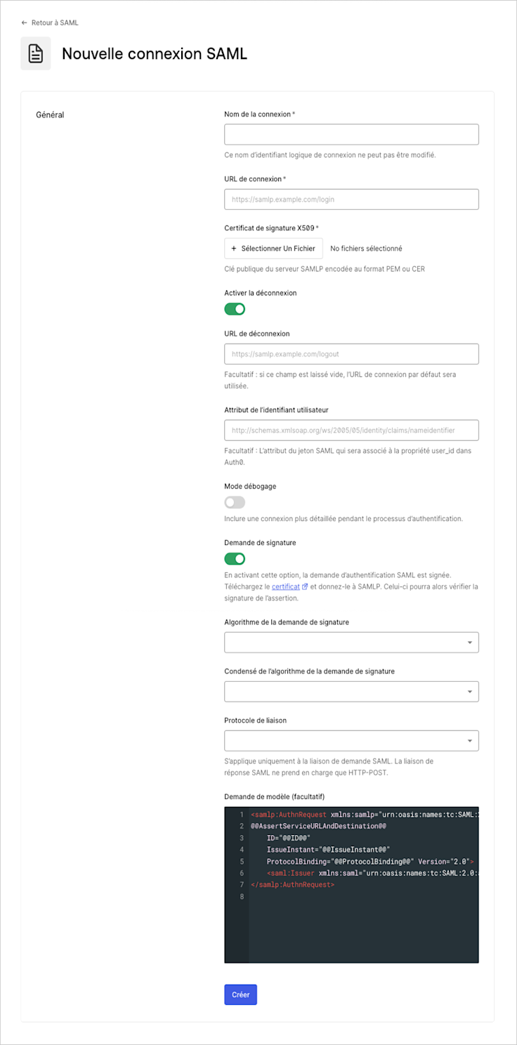 Configuration des paramètres SAML
