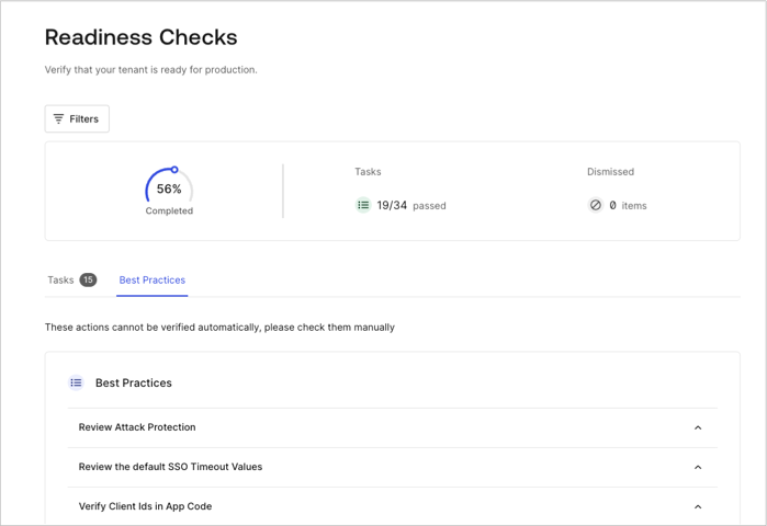 Auth0 Dashboard > Readiness Checklist