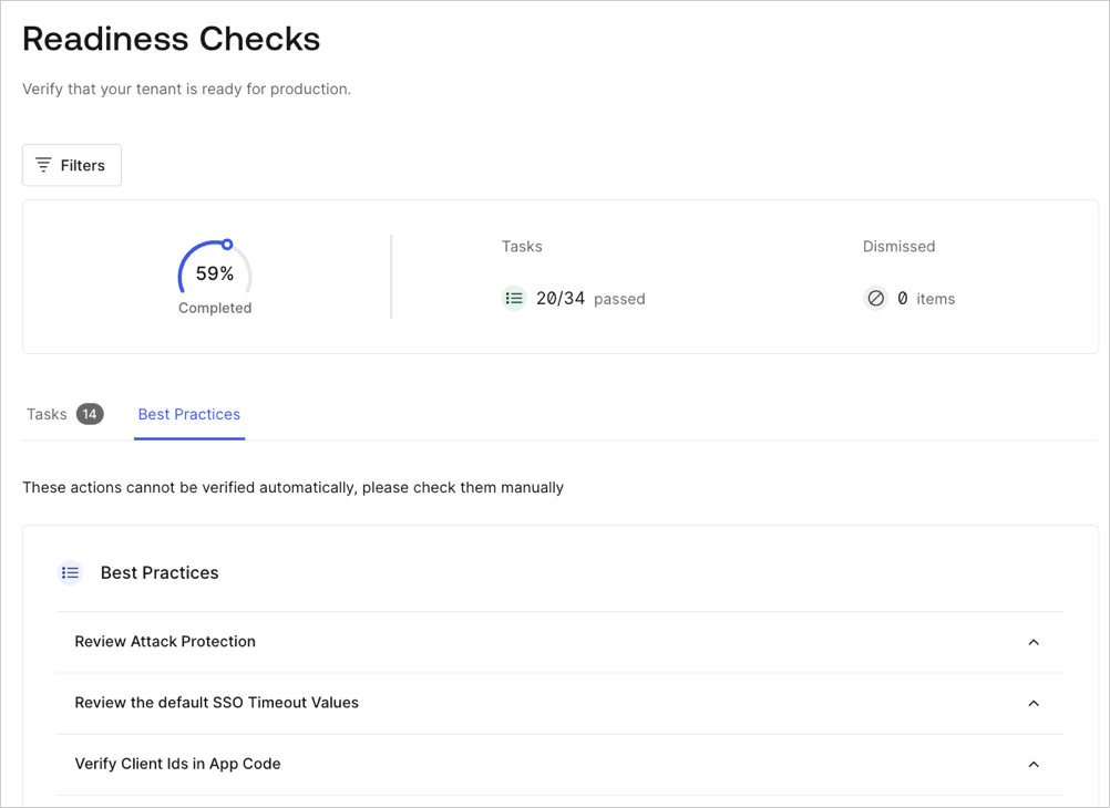 Auth0 Dashboard > Readiness Checklist