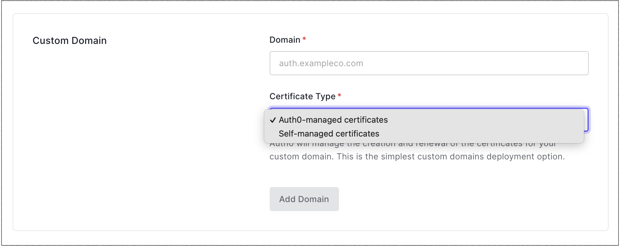 Dashboard Settings Custom Domains Tab Certificate Type Auth0-Managed Certificates
