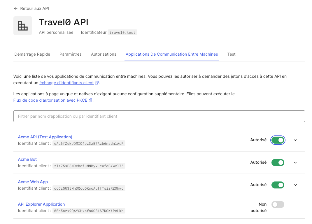 Dashboard (Tableau de bord) - Applications - API - Machine-to-Machine Applications (Applications machine-machine)