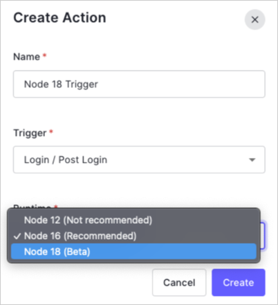 Modal that displays when you go to the Auth0 Dashboard, navigate to Actions, navigate to Library, and select Build Custom. For the Runtime field, Node 18 is selected.