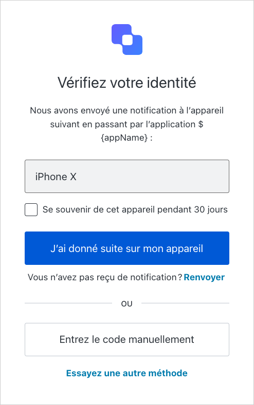 Un exemple d’invite MFA affichant le bouton Manually Enter Code (Saisir le code manuellement).