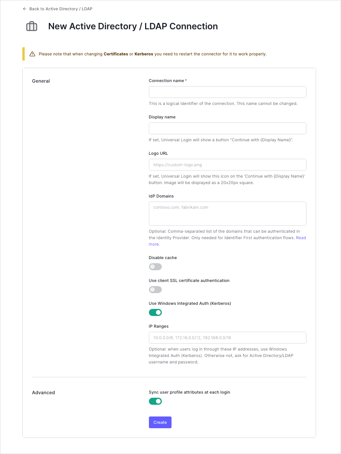 Dashboard - Connections - Enterprise - AD/LDAP - Kerberos Switch