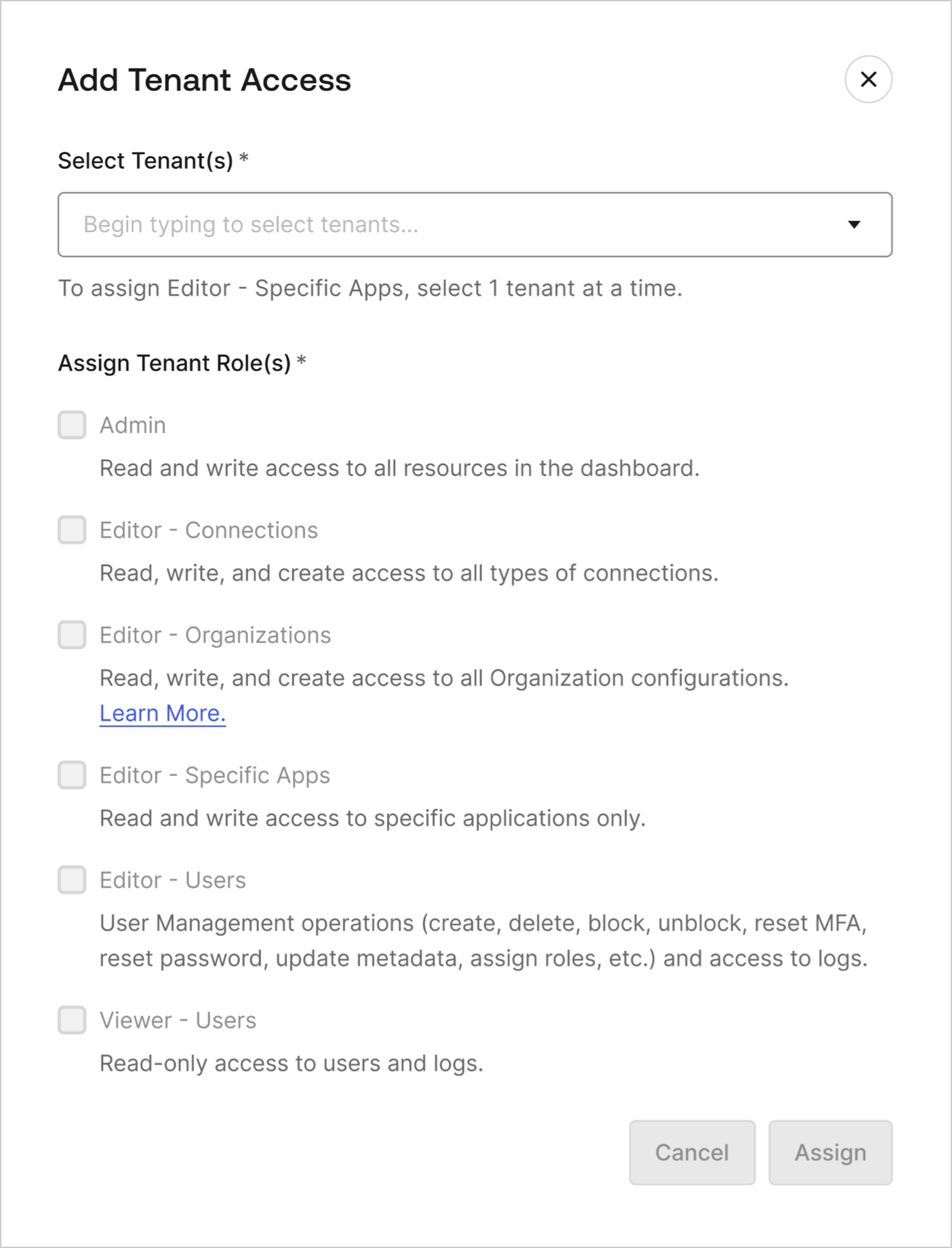 Modal to assign Tenant Access to the Selected Member